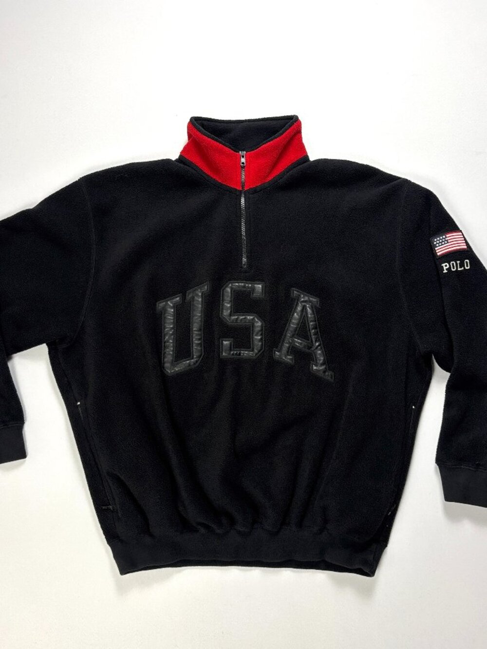 Vintage Polo Sport Ralph Lauren Mens USA 1/4 Zip Fleece Jacket Black Sz M/L Flag